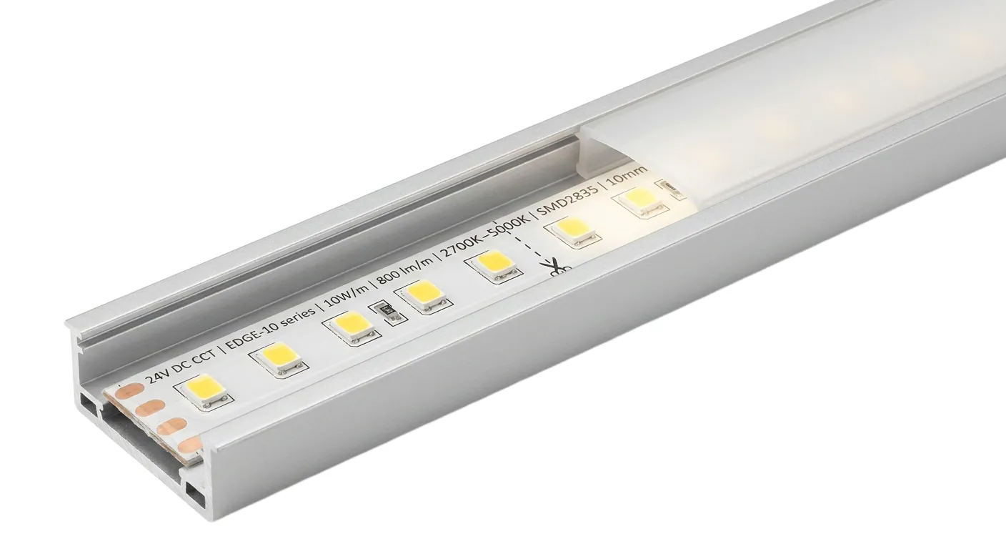 Instalace LED pásku CCT 24V EDGE-10 — dělitelnost po 10cm, šířka 10mm, hliníkový profil